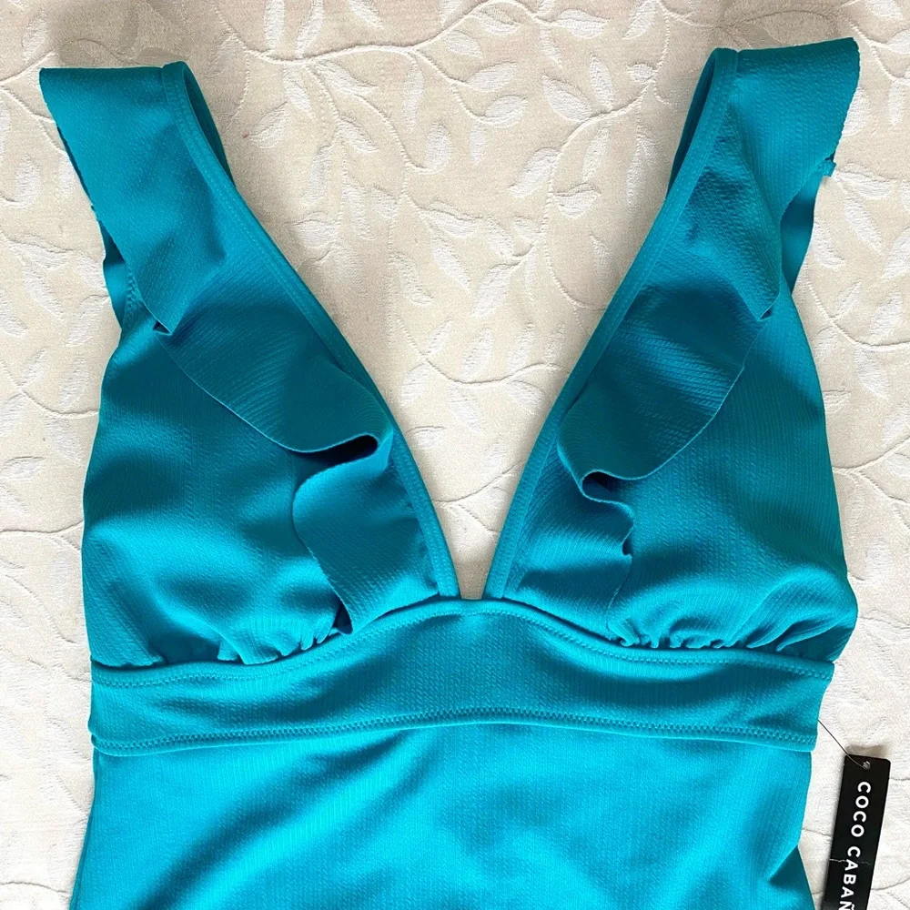 🆕 Coco Cabaña Swimsuit Women’s XL Teal Blue Ruffle V-Neck One Piece Bathing Suit